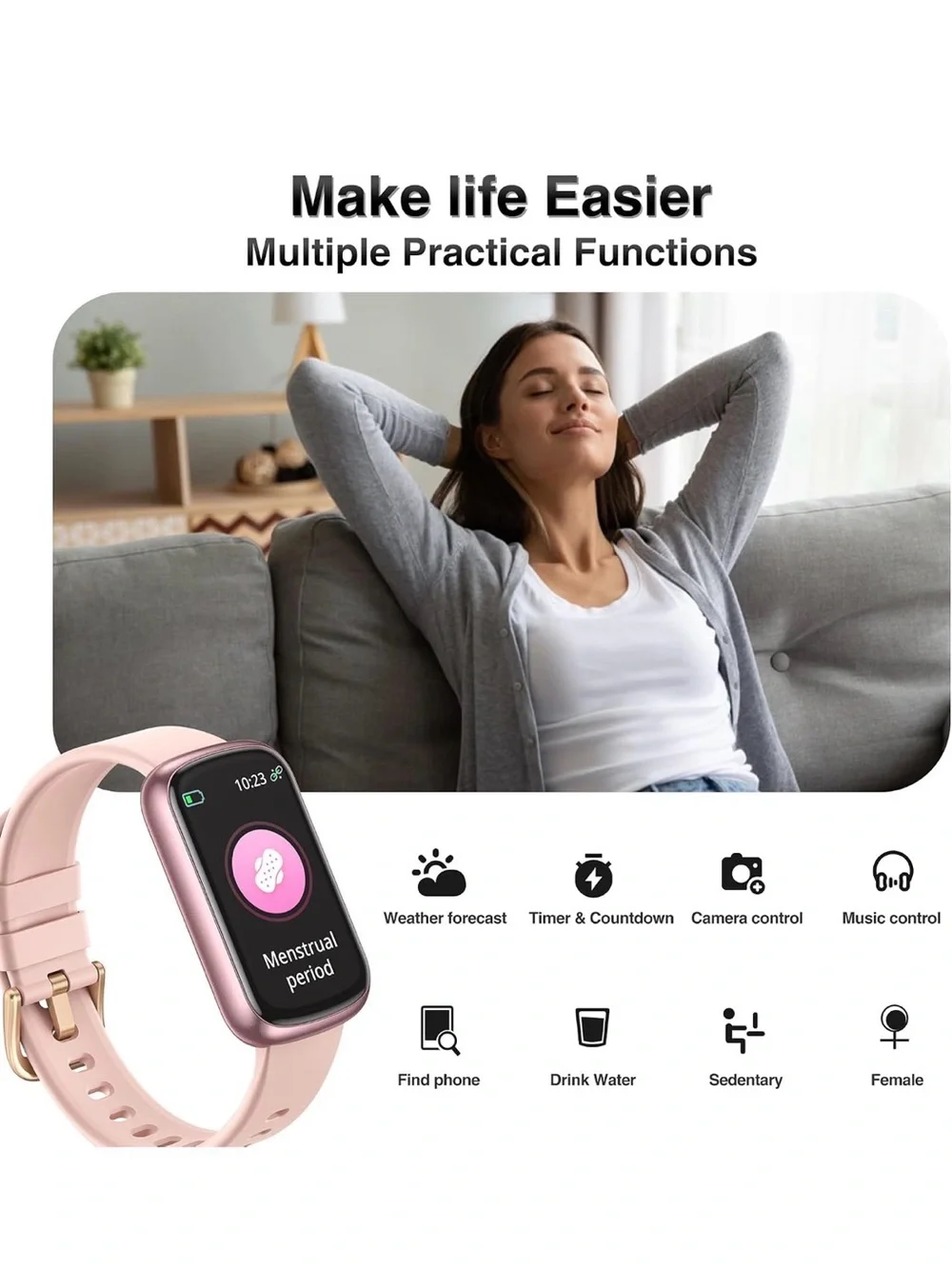 Pink Smart Fitness Watch with Rose Gold Buckle Smartwatch IP68 Waterproof